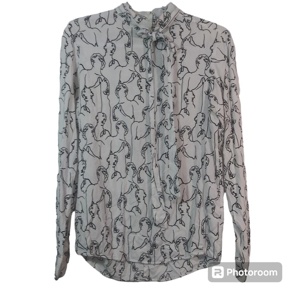 Asos White Tie Neck Artsy Abstract Man Print Long Sleeve Blouse Size Small